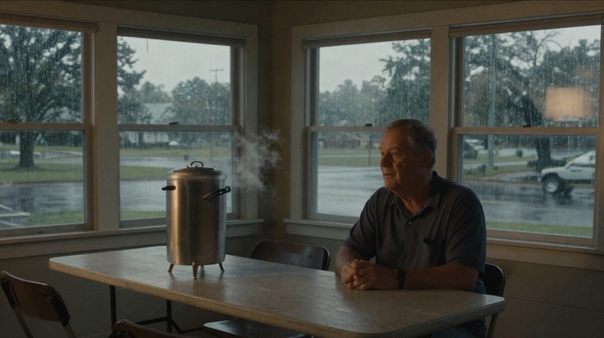 A small Southern church fellowship hall at dusk after a rainstorm, warm lamplight spilling across folding tables and a steaming coffee urn, rain-wet windows reflecting a soft eveni