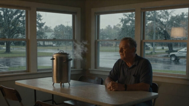 A small Southern church fellowship hall at dusk after a rainstorm, warm lamplight spilling across folding tables and a steaming coffee urn, rain-wet windows reflecting a soft eveni