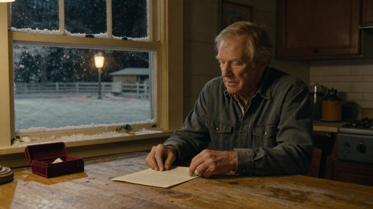 A snowy Texas ranch kitchen at night, warm yellow lamplight spilling across a worn wooden table, a folded paper and a velvet box resting near a window frosted white with snow, a si