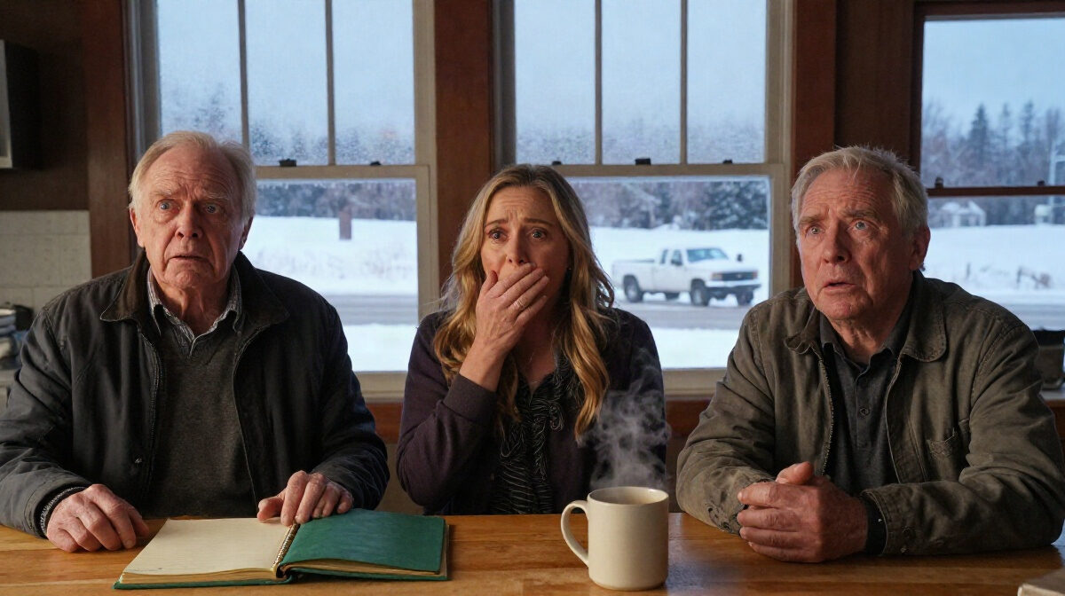 A snowy rural Minnesota farmhouse kitchen at dusk, warm lamplight on a wooden table, a green canvas ledger lying open beside a steaming mug, frosted north windows, and a white pick