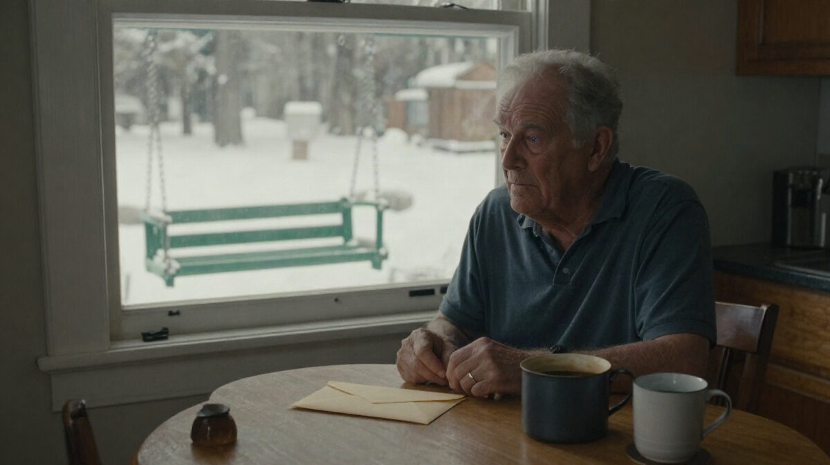 A small, plain kitchen on a winter morning. Pale light from a window falls across a wooden table holding a cream-colored envelope, a pot of coffee, and a cup. A green porch swing i