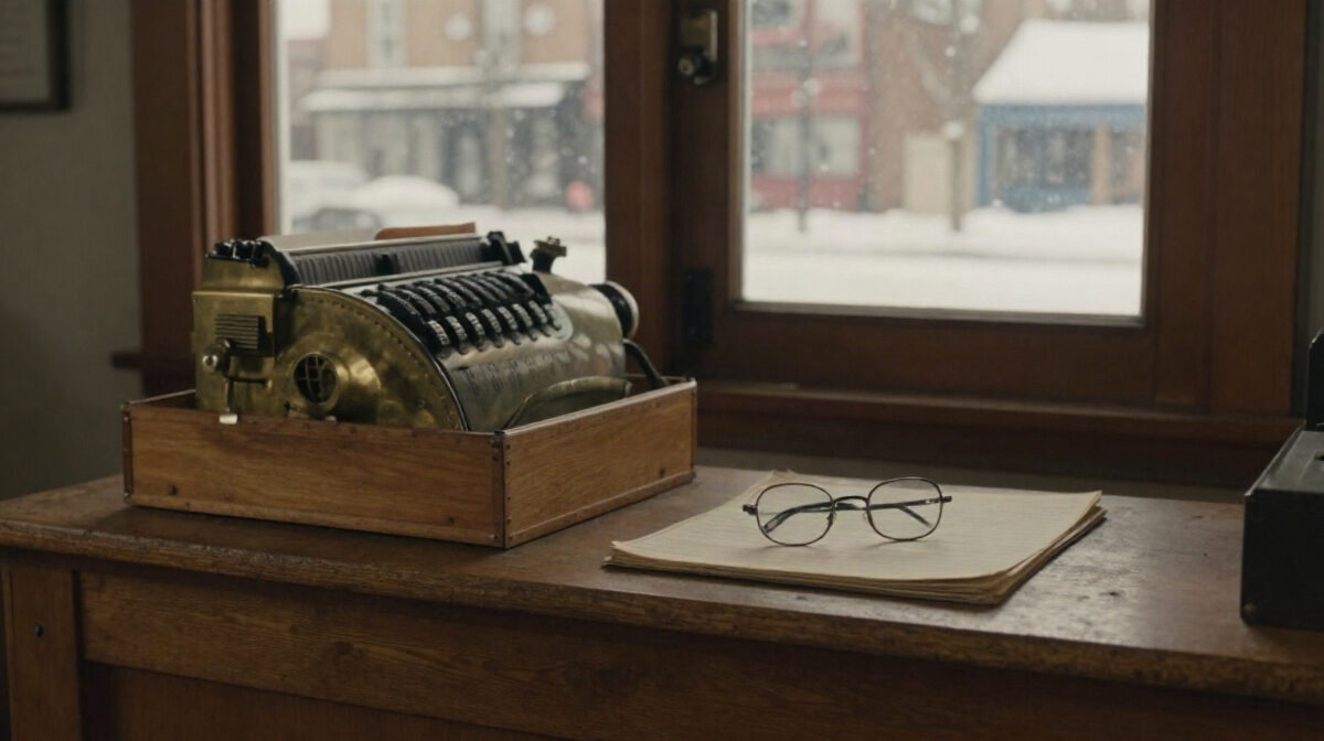 A warm wooden hardware store counter in late afternoon, a cedar box open on the counter beside a brass cash register, a pair of reading glasses resting on an old ledger, soft winte