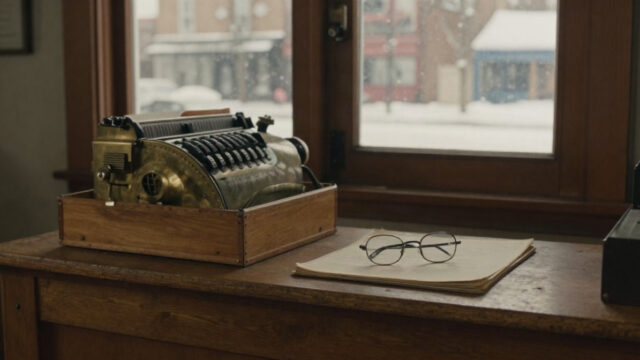 A warm wooden hardware store counter in late afternoon, a cedar box open on the counter beside a brass cash register, a pair of reading glasses resting on an old ledger, soft winte