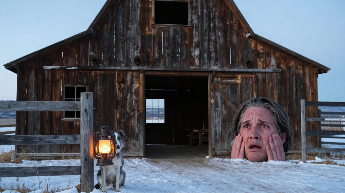 A weathered wooden barn at dusk on a Wyoming ranch, its sliding door partly open. A gray-muzzled border collie sits in the frosted yard beside a kerosene lantern on a fence post, w
