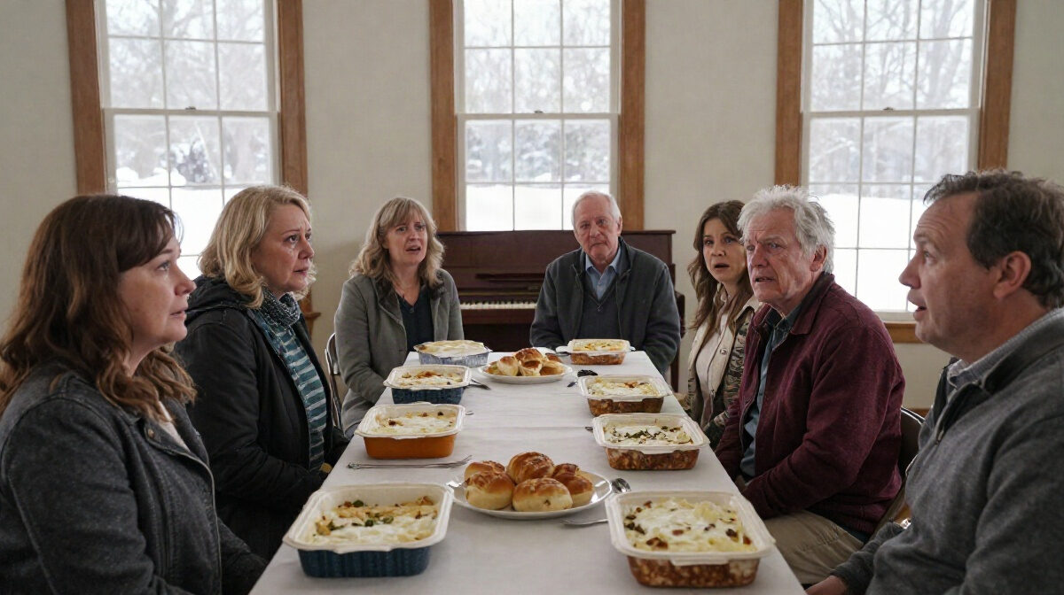 A small church fellowship hall on a snowy winter afternoon, long tables set with casserole dishes and yeast rolls, soft daylight through tall windows, an upright piano near the fro