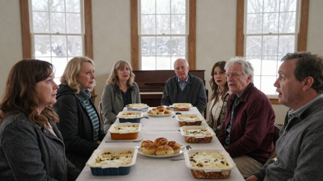 A small church fellowship hall on a snowy winter afternoon, long tables set with casserole dishes and yeast rolls, soft daylight through tall windows, an upright piano near the fro