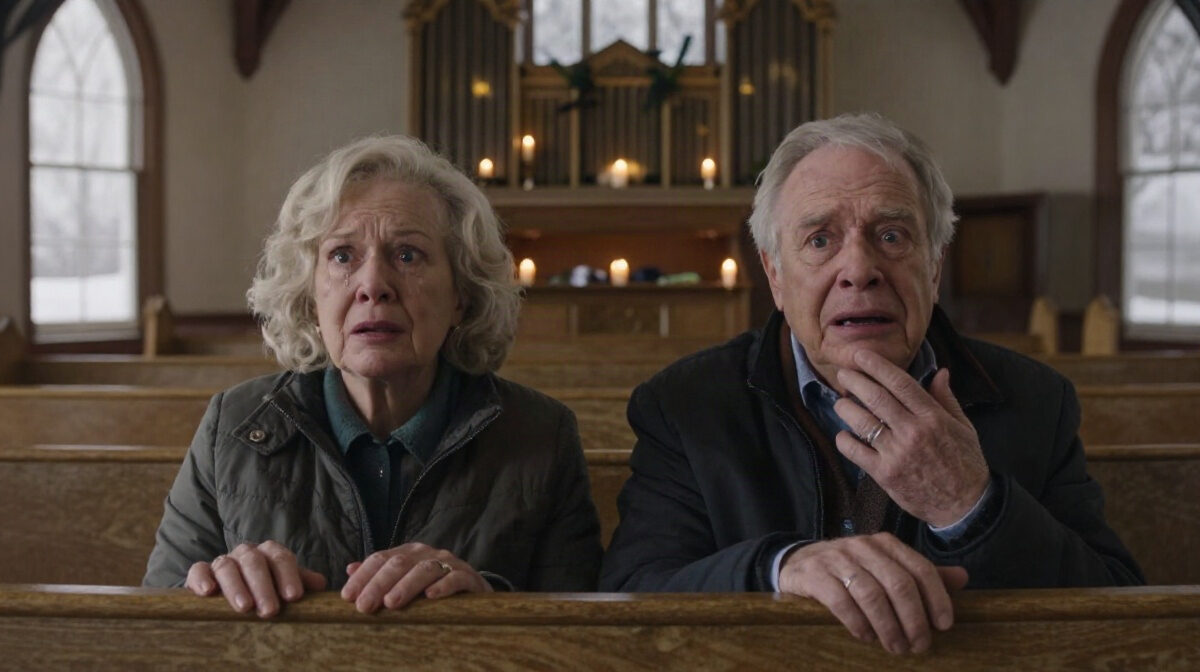 A snowy Christmas Eve at a small Catholic church in Milwaukee, seen from the organ loft. Warm candlelight glows over rows of wooden pews, with two older figures seated together at