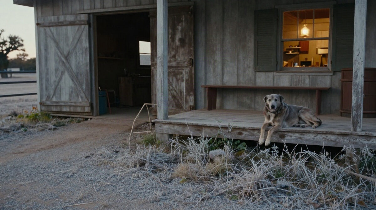 A pale October morning on a Texas ranch: frost silvering the grass and gravel drive, a weathered barn with open doors, a gray-muzzled dog resting on the porch boards, and warm lamp