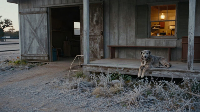 A pale October morning on a Texas ranch: frost silvering the grass and gravel drive, a weathered barn with open doors, a gray-muzzled dog resting on the porch boards, and warm lamp
