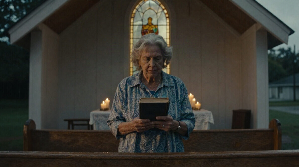A small wooden chapel at dusk, with plain pews and a stained-glass window glowing in the last warm light after rain. A single older woman stands at the front holding a worn black b
