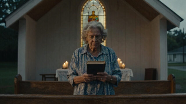 A small wooden chapel at dusk, with plain pews and a stained-glass window glowing in the last warm light after rain. A single older woman stands at the front holding a worn black b
