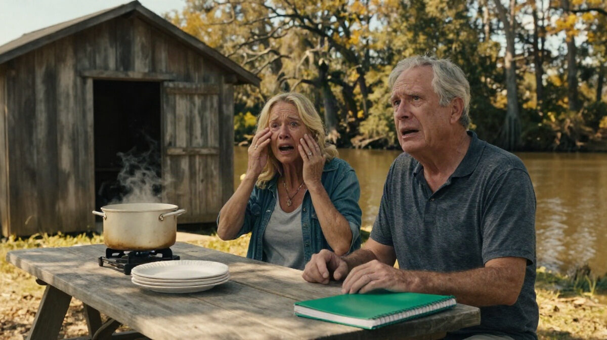 A weathered wooden boiling shed beside a slow bayou in south Louisiana, late afternoon in autumn. Warm golden light falls across a long picnic table with a stack of paper plates, a