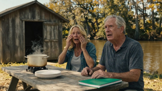 A weathered wooden boiling shed beside a slow bayou in south Louisiana, late afternoon in autumn. Warm golden light falls across a long picnic table with a stack of paper plates, a