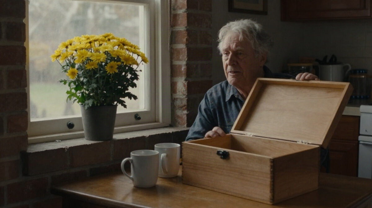 A small, tidy brick kitchen in late October afternoon light, with a pot of yellow chrysanthemums on the windowsill and two coffee mugs on a wooden table beside an open cedar box.