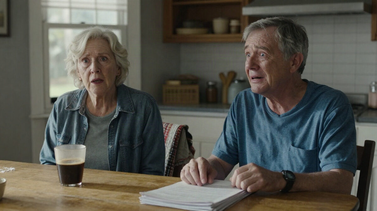 A quiet farmhouse kitchen on a cool October morning, pale gray light falling across a wooden table holding a cup of coffee and a neatly folded stack of papers, a faded quilt draped