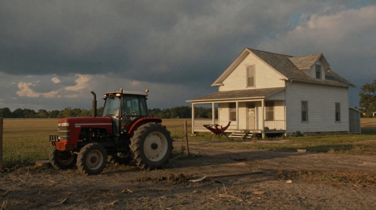 An early evening Missouri farm at the end of August: a dusty north field with a red tractor parked near a barbed-wire fence, a weathered white farmhouse with a wide porch, warm low