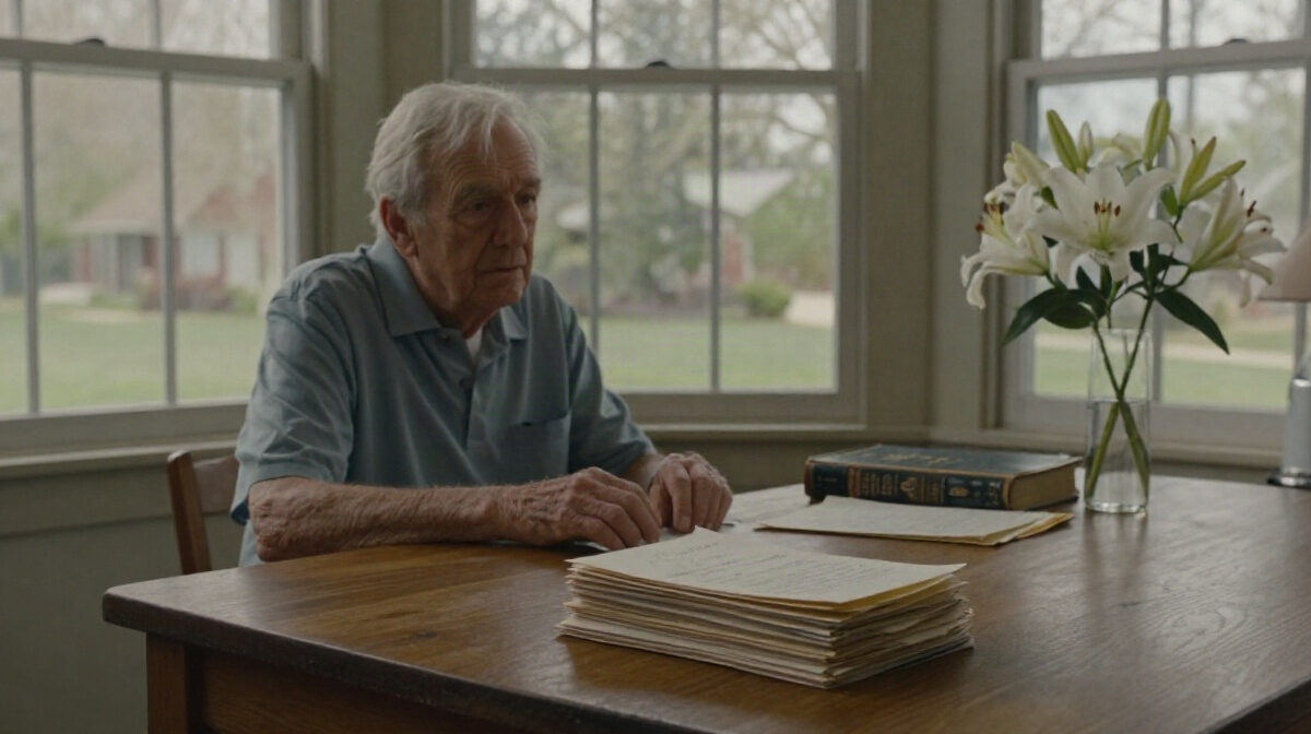 A quiet nursing home solarium on a spring afternoon, late light coming through tall windows onto a wooden table with a neat stack of folded handwritten letters, a worn field guide