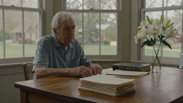 A quiet nursing home solarium on a spring afternoon, late light coming through tall windows onto a wooden table with a neat stack of folded handwritten letters, a worn field guide