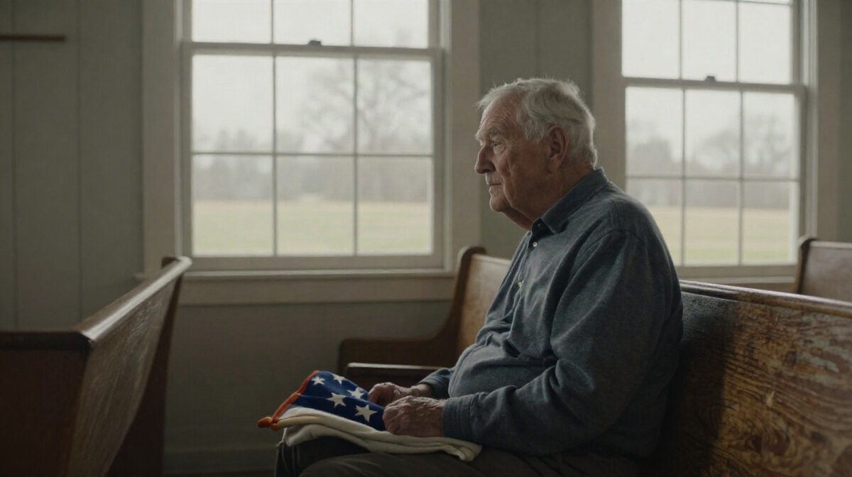 A weathered wooden pew in a small Kansas Lutheran church, late winter morning light falling through tall clear windows onto a folded flag resting on an elderly man's knees, with a