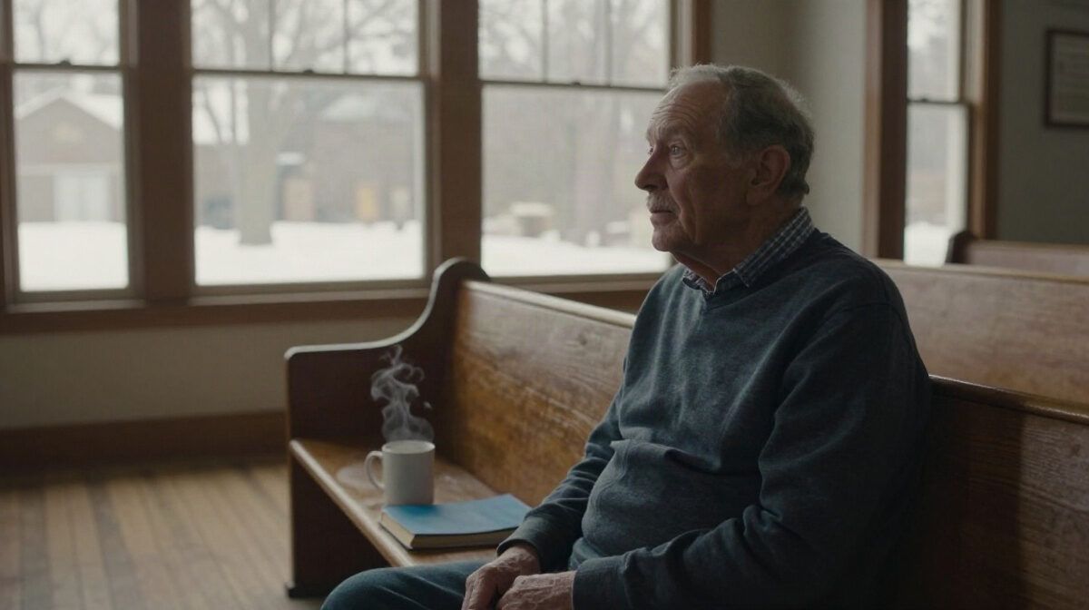 A softly lit wooden church pew in a small Midwestern parish on a snowy February morning, late-winter light falling through tall clear windows onto a worn wooden floor, a steaming w