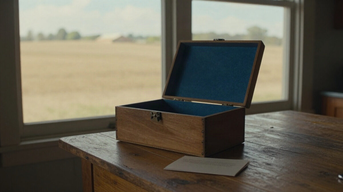 Late afternoon light falls through a farmhouse kitchen window onto a worn wooden table, where an open cedar box rests on faded blue felt beside a folded paper card. Dusty golden ha