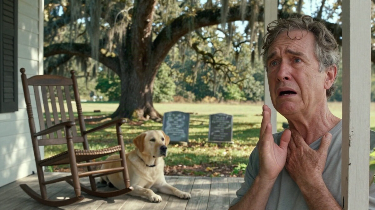 A quiet Louisiana bayou home at dawn, a weathered wooden front porch with an old rocking chair, a gray-muzzled yellow Labrador resting at the top step facing a small cemetery of ol