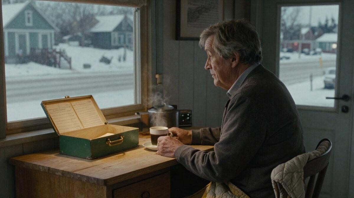A small wooden kitchen in a seaside village on a clear winter evening, pale snow on the street outside, a green painted recipe box open on a counter beside a steaming cup of coffee