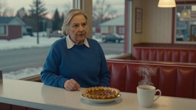 A small-town diner at dusk on New Year's Eve, snow on the gravel outside. A waitress in a blue sweater stands behind a Formica counter beside a red vinyl booth, warm yellow light f