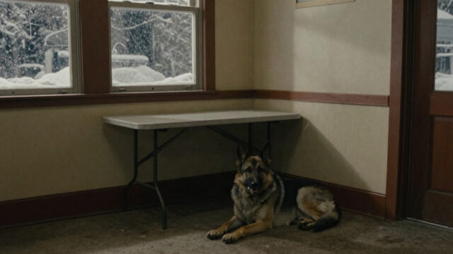 A dim, warm VFW hall on a snowy winter evening, with a folding table pushed slightly askew near a corner wall, a gray-muzzled German Shepherd lying beside it, and soft lamplight fr