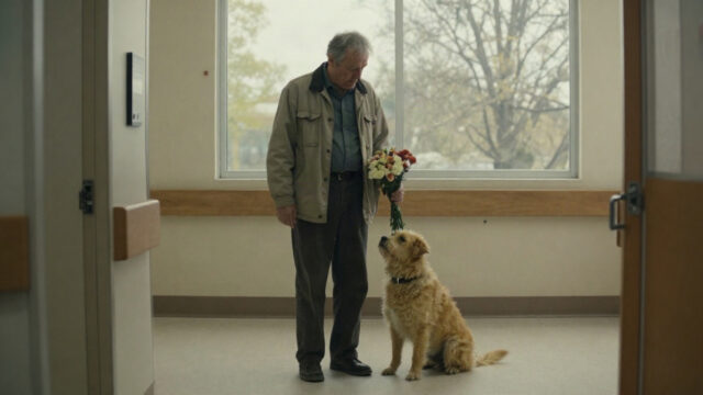 A quiet hospital hallway on a spring morning, soft daylight from a tall window falling across pale linoleum. An older man in a plain work jacket stands still, looking down at a scr